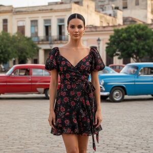 Black & Red Floral Mini Dress – Puff Sleeve Wrap Style